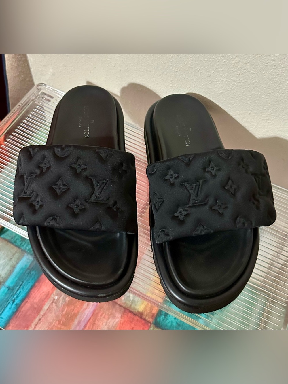 Louis Vuitton Black Embossed Monogram Slide Sandals